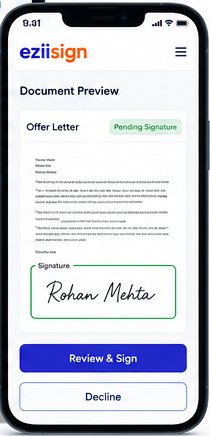 eziiSign mobile document preview with review and sign