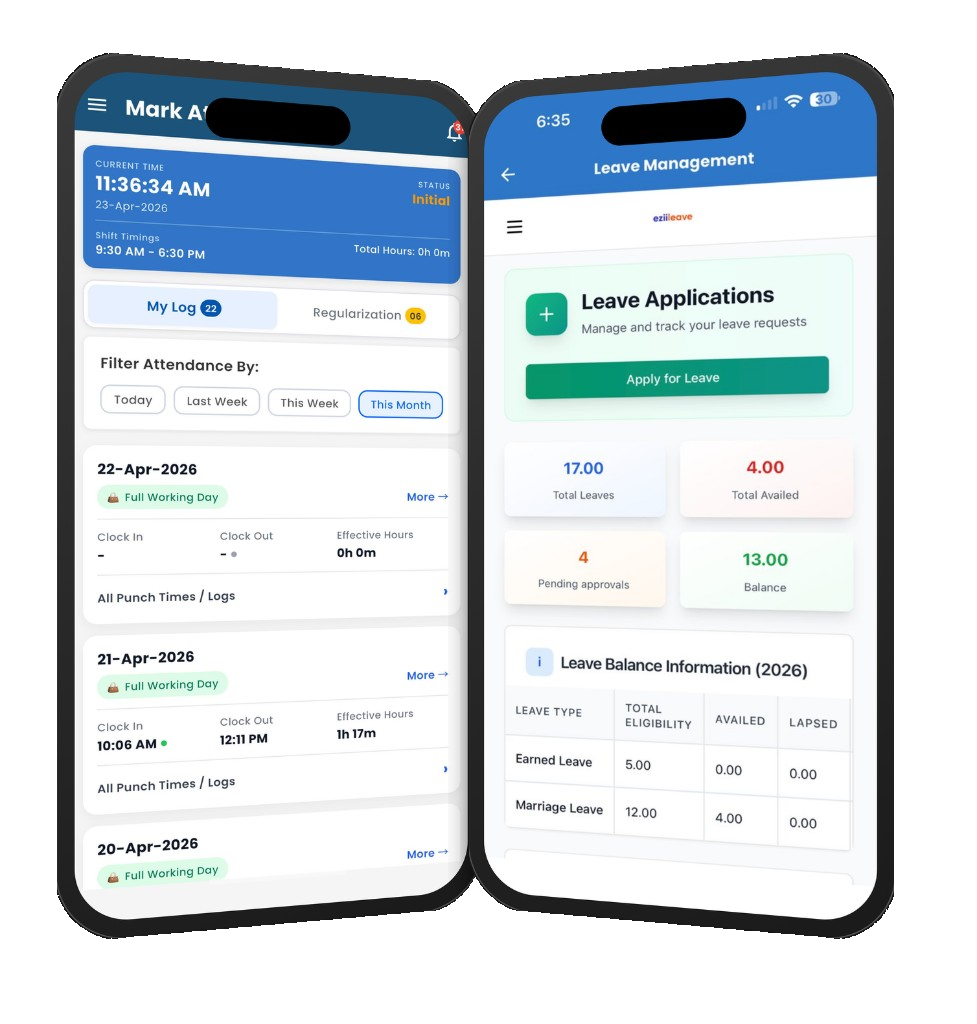 EZII leave and attendance mobile app screens